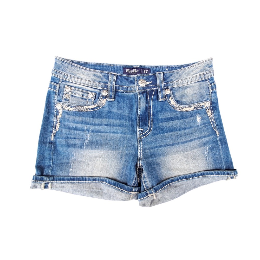 Miss Me Mid Rise Embellished Denim Shorts Blue Distressed Rhinestone 27 M3444H67